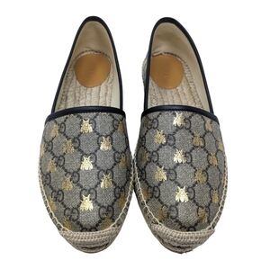 Gucci GG Supreme Monogram Gold Bee Espadrille Flat Loafers Size EU 39.5